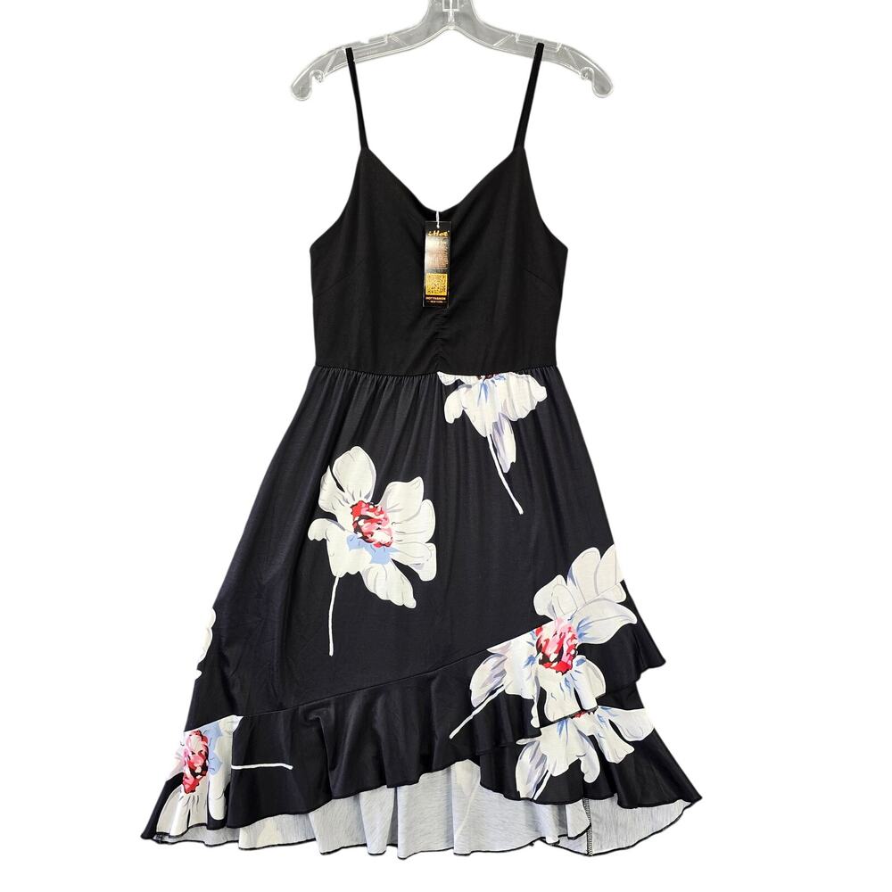 iHot Black Floral Sundress NEW Pleated V-Neck Adjustable Straps Women's S Aline